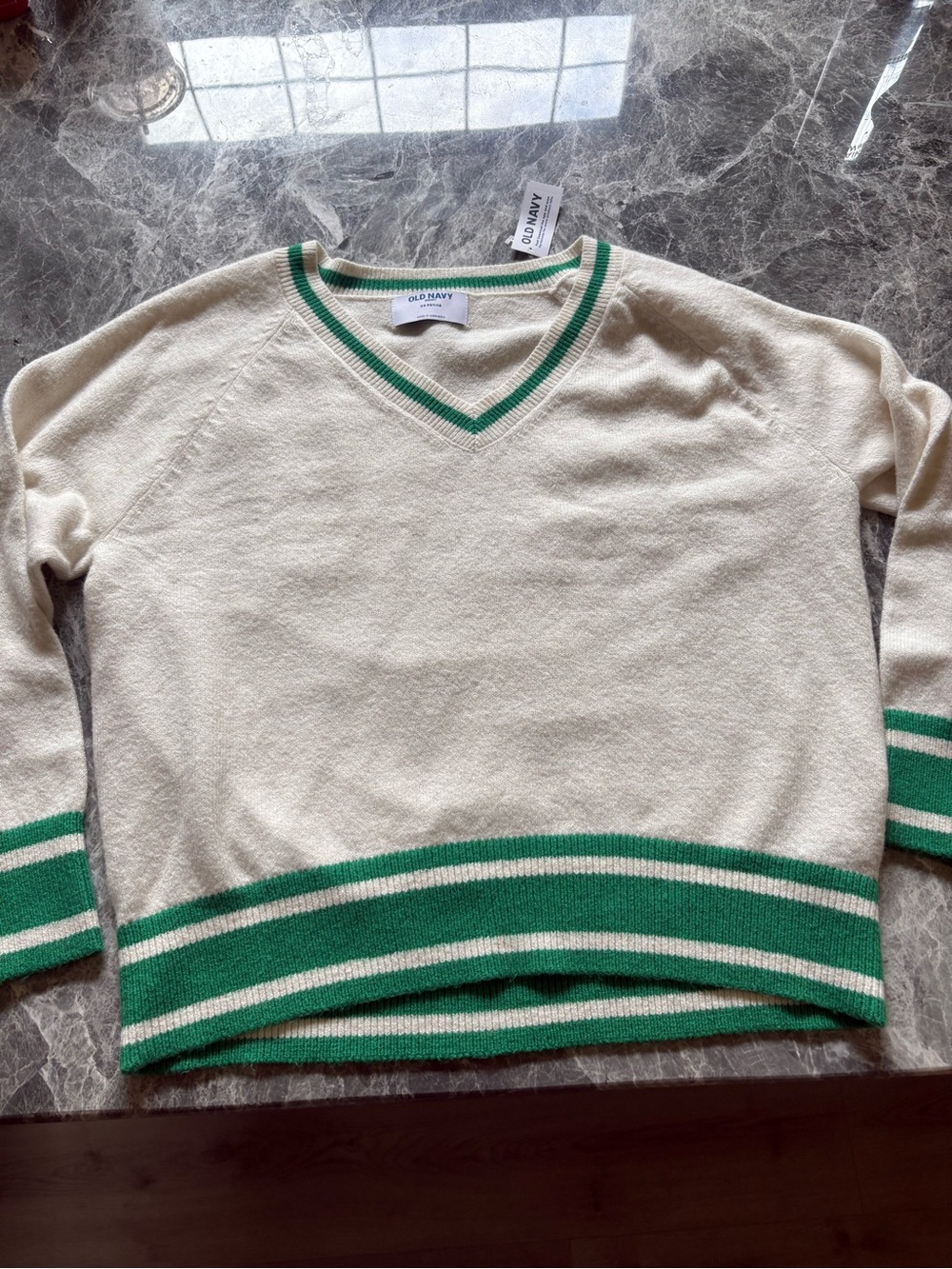 Old Navy Cream V-Neck Sweater with Green Stripe Trim NWT